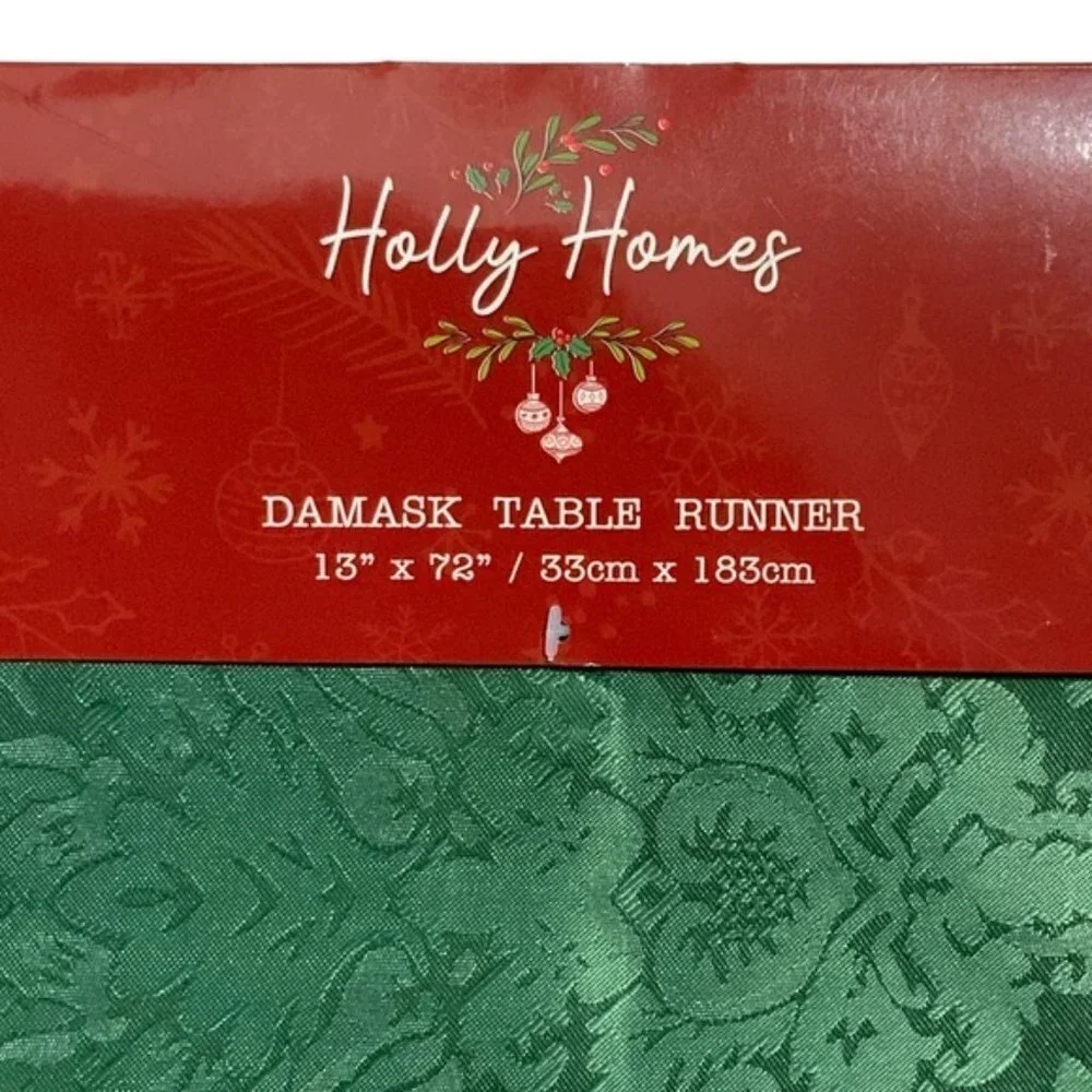 Holly Homes Table Runner Silky Holiday Christmas Green Damask 13 in x 72 in